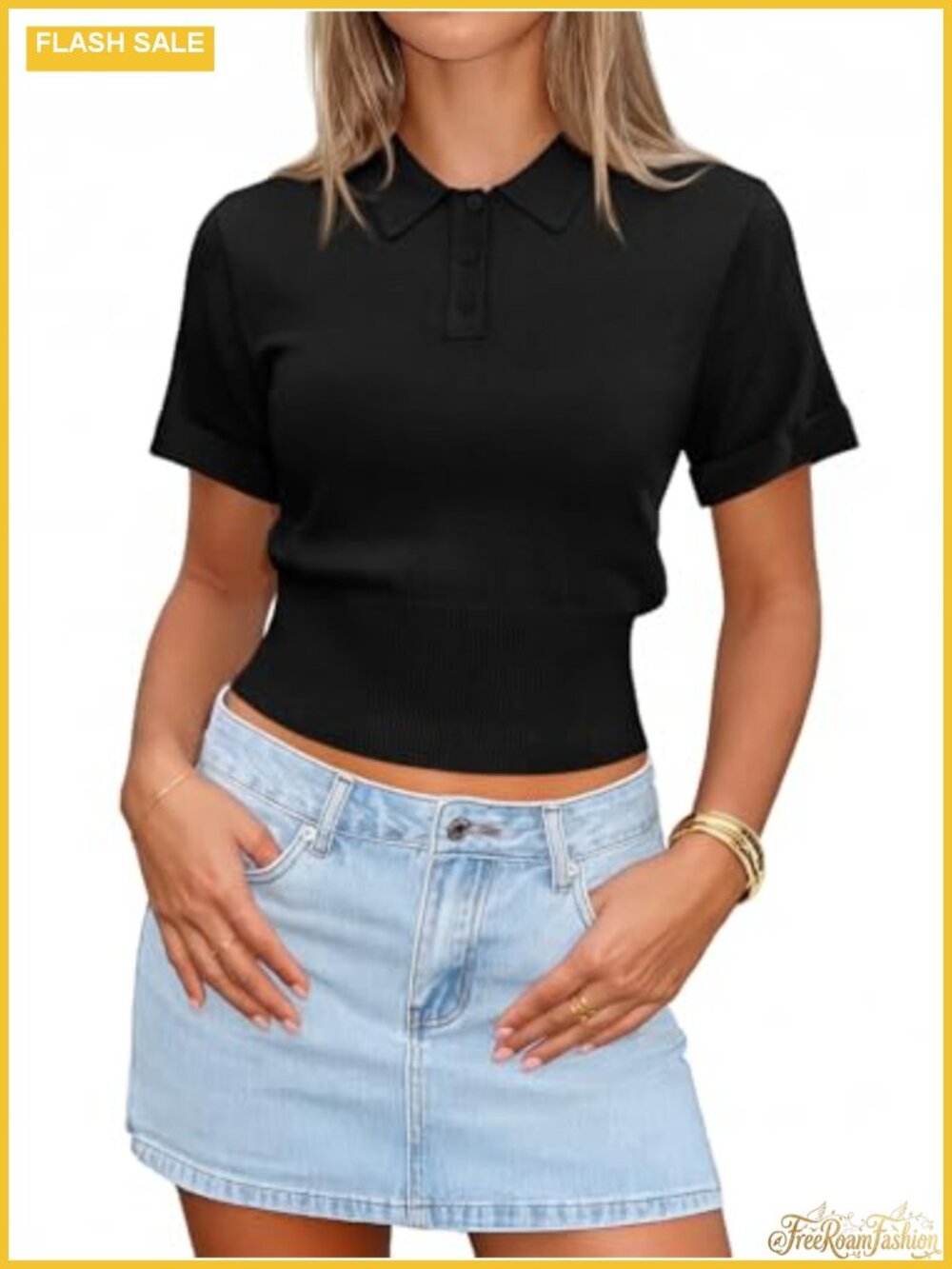 Womens Short Sleeve Knit Polo Shirt Cropped Dressy Business Casual Top